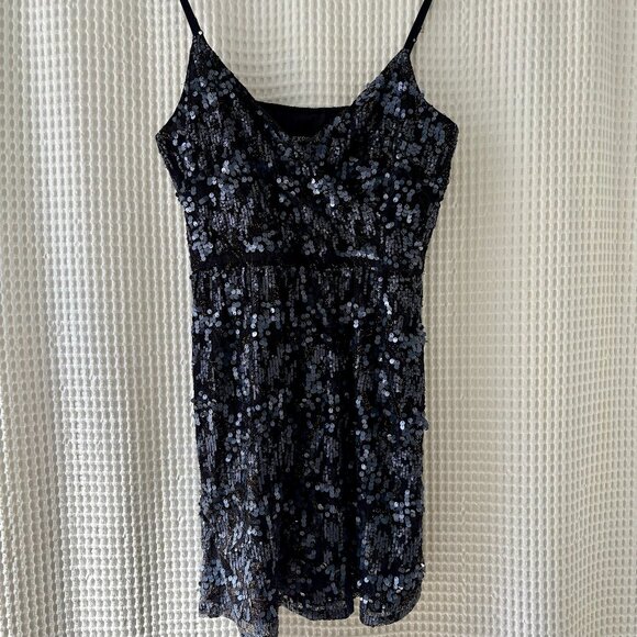Express blue black sequined party dress size large going out fun sparkly - Picture 1 of 6
